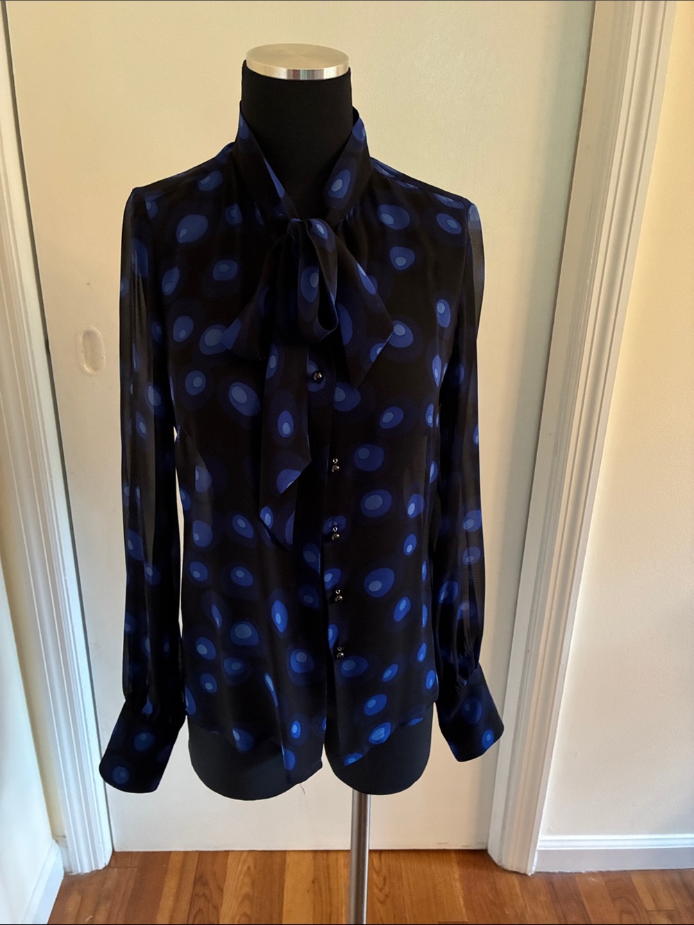 Jaeger Silk Black with Blue Dot Tie-Neck Blouse. Size 4 US/UK 8